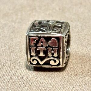 Brighton Strong Faith bead Silver cube with raised letters & two crosses Retired